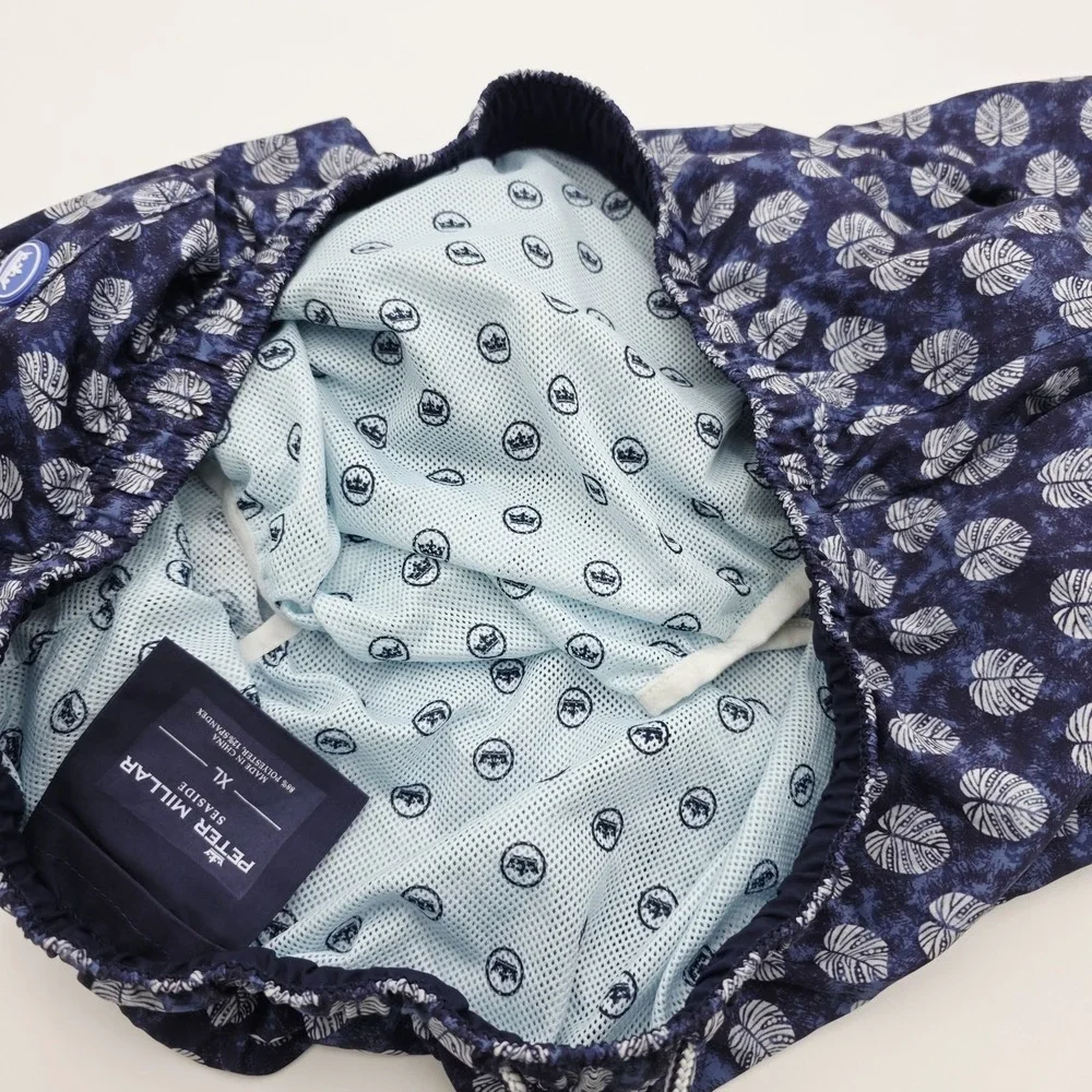 Peter Millar Seaside Shorts Men XL Blue Batik Leaf‎ Floral AOP Lined Swim Trunks